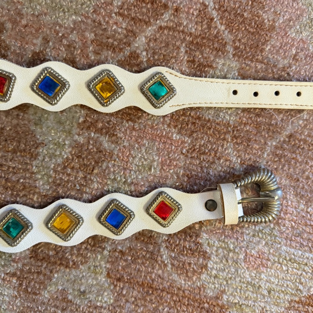 Vintage white Belt with Multicolor Gem Accents